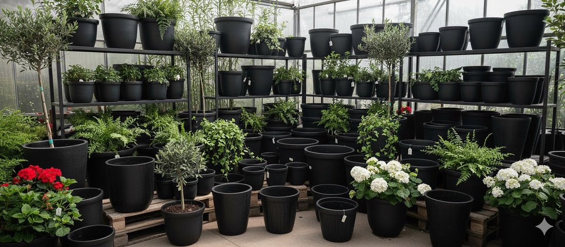 A diverse display of black ceramic plant pots, from small to extra-large, featuring matte, glossy, and textured finishes in various shapes.