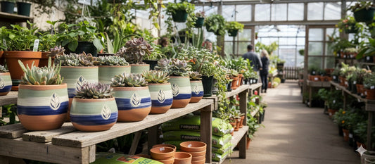 A vibrant display of custom ceramic planters with a consistent brand aesthetic, filled with succulents in a bustling garden center.