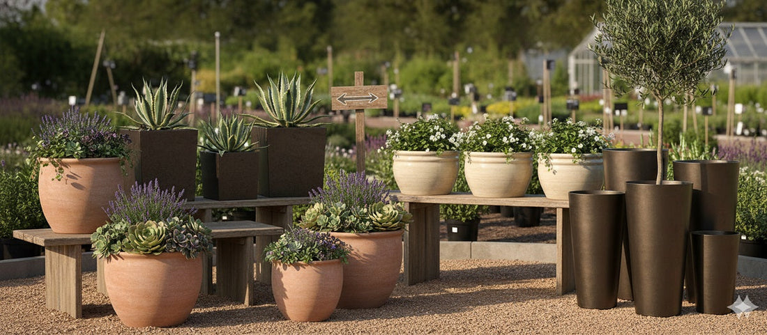 Assorted planters (round, square, tapered, oval) with plants in a nursery setting, natural colors.