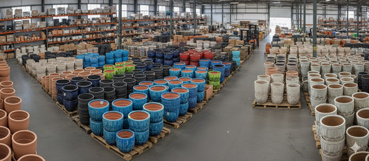 Large warehouse filled with pallets of various colorful ceramic planters, ready for bulk orders and shipping