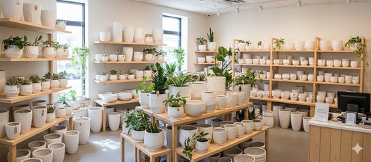 A bright plant store interior features shelves filled with various white ceramic pots, some with greenery, and an empty checkout counter.