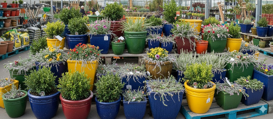 Colorful, frost-kissed ceramic planters with diverse plants in a garden center