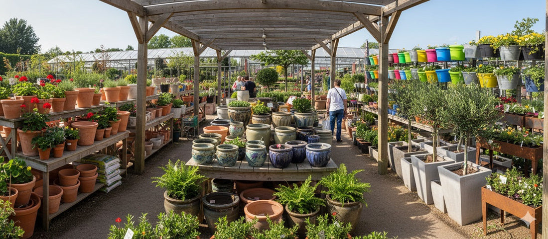A vibrant outdoor garden center showcases a wide array of ceramic, terracotta, concrete, plastic, and metal pots.