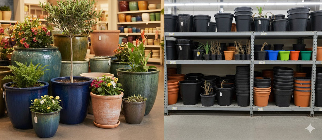 Left: Decorative ceramic pots with plants. Right: Shelves of basic plastic nursery pots