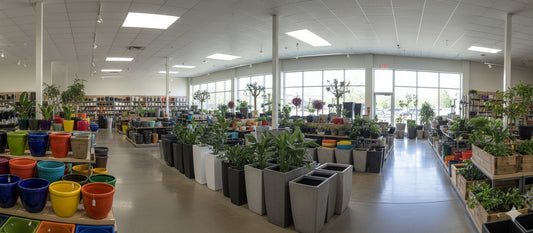 A brightly lit store displays a wide selection of ceramic, plastic, resin, fiberglass, concrete, metal, and wood planters.