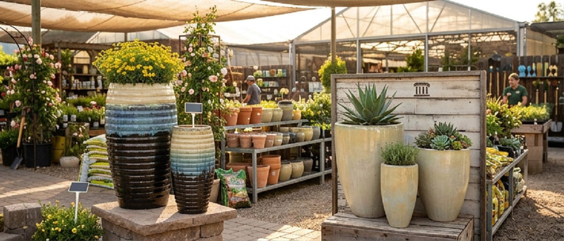 Garden center with minimalist and decorative planters displayed