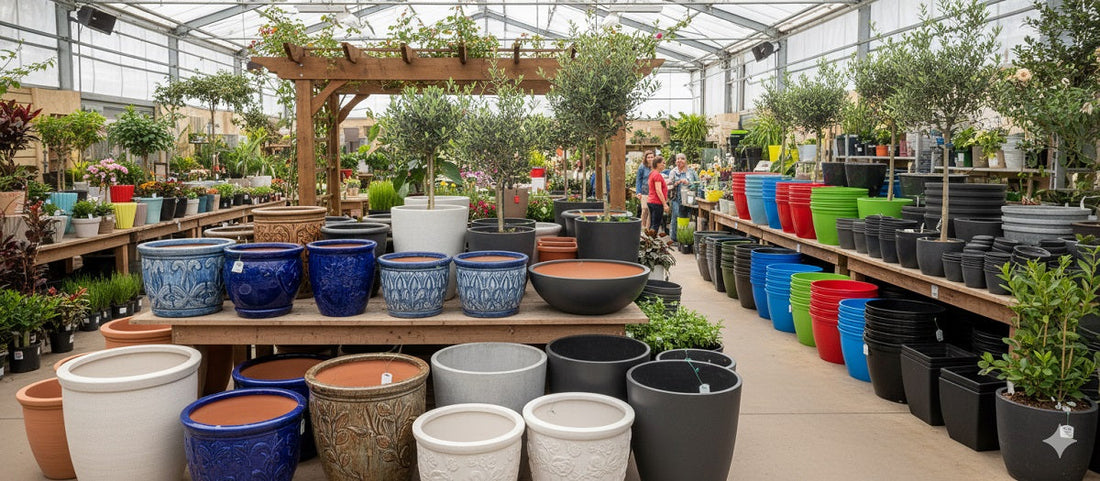 Garden center with ceramic, fiberglass, metal, and plastic planters; vibrant, diverse selection.