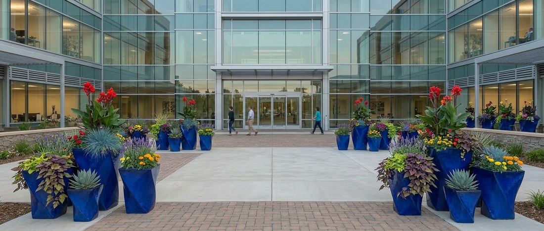 Wholesale blue ceramic planters used in a commercial building