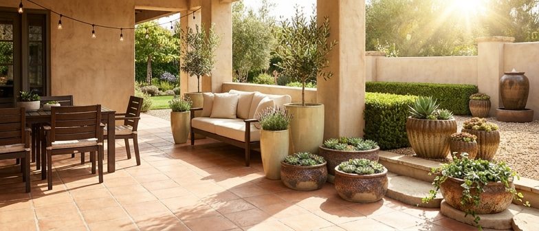 Bright outdoor living space with neutral planters