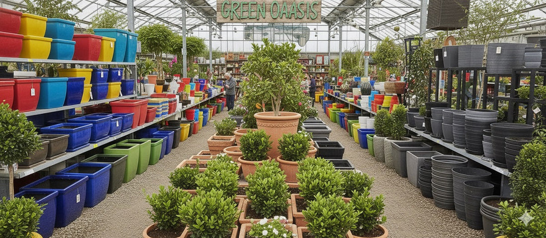 Colorful pots line shelves, while plants and trees fill the aisles.