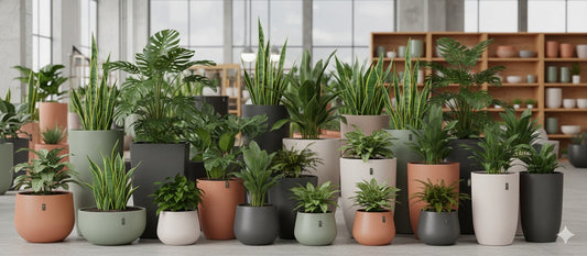 A set of different planters displayed with plants