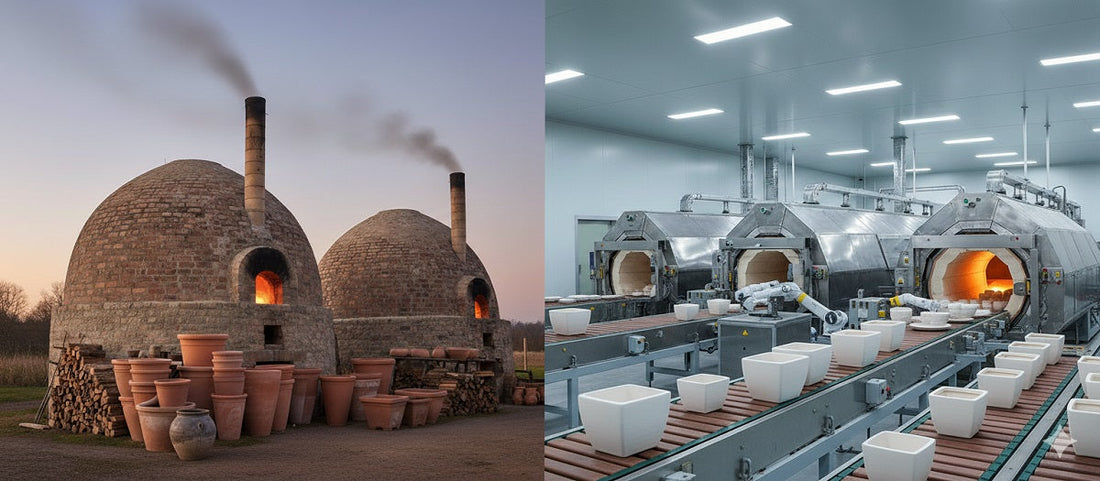 Traditional wood-fired kilns and modern ceramic manufacturing using robotic arms to produce planters.