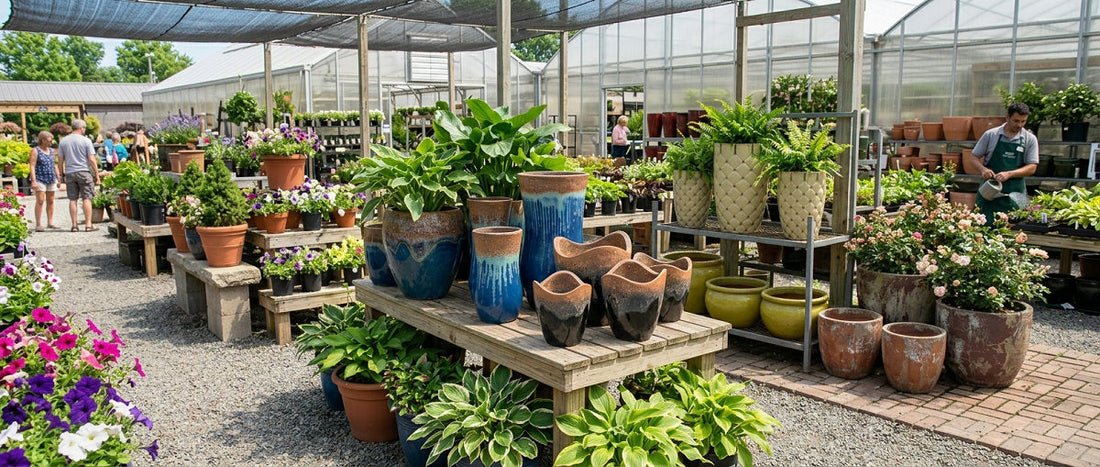 Stylish ceramic planters displayed in a garden center
