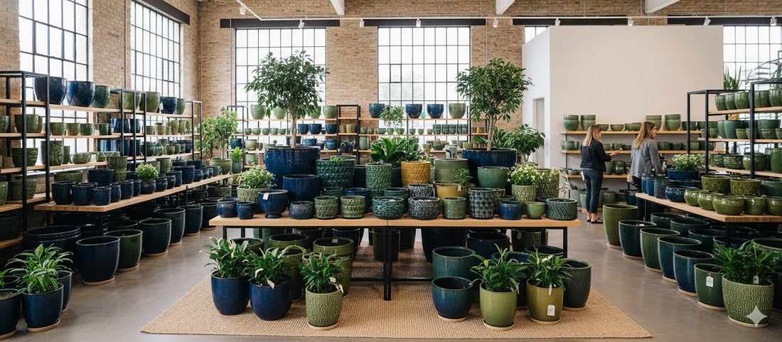 A retail store displays a vast collection of ceramic planters in varied styles, sizes, and shades of green and blue.