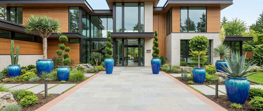 Modern home with large blue ceramic planters