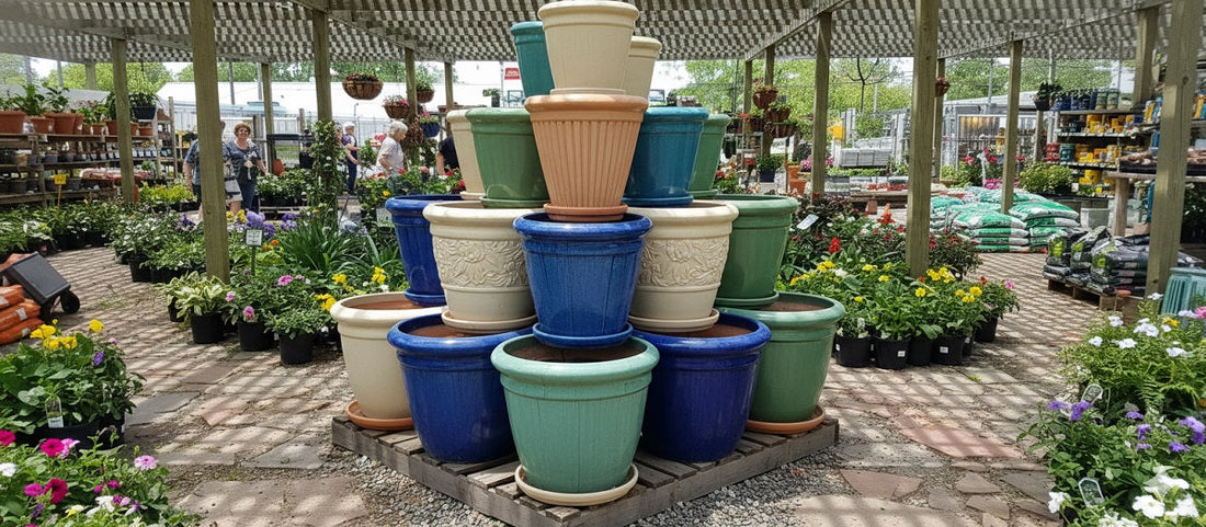 Tapered ceramic planters in various colors are stacked on display at a bustling garden center.