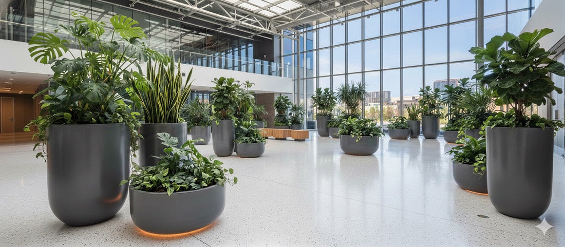 Numerous tall, rounded planters in varying sizes, filled with lush green plants, are arranged throughout the open area
