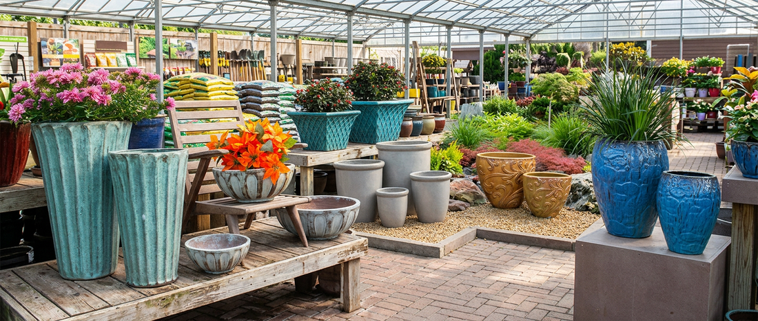 Different wholesale planter styles in a garden center