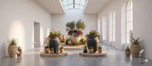 A bright, spacious gallery with multiple extra-large ceramic pots, some with plants, arranged on wooden platforms.