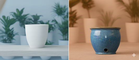 A visual comparison of two planters: a sleek white fiberglass planter on a light wooden shelf and a rustic blue ceramic planter on a floor.