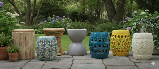 A collection of unique garden stools in assorted colors and designs, artfully arranged on a patio in a vibrant garden setting.