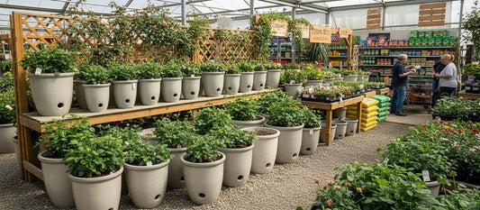 White ceramic planters with drainage hole displayed in a garden center
