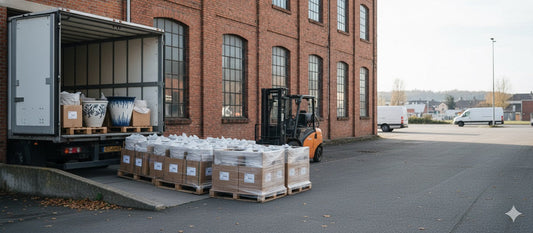 Ceramic planters, neatly packed in boxes and shrink-wrapped on pallets, are ready to be loaded onto a truck outside a brick factory.