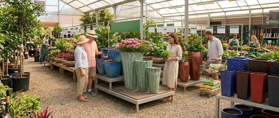 Buyers are checking wholesale planters in a garden center
