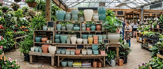 Garden store with large ceramic planters in different colors