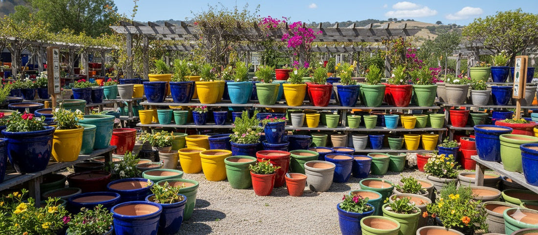 A vibrant outdoor nursery filled with rows of colorful ceramic pots, some holding plants, under a sunny sky.