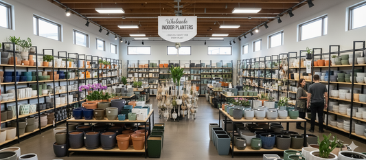 Wholesale indoor planter store with various styles, colors, and sizes displayed