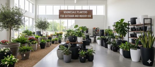 A showroom with various wholesale planters for outdoor (left, with gravel) and indoor (right, with smooth floor) use.
