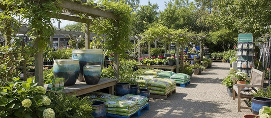 Glazed ceramic planter displayed in a garden center