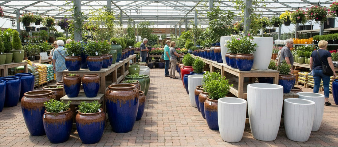 Garden center with people buying ceramic planters