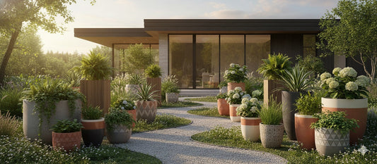 A cohesive landscape lined with mix and match ceramic planters.