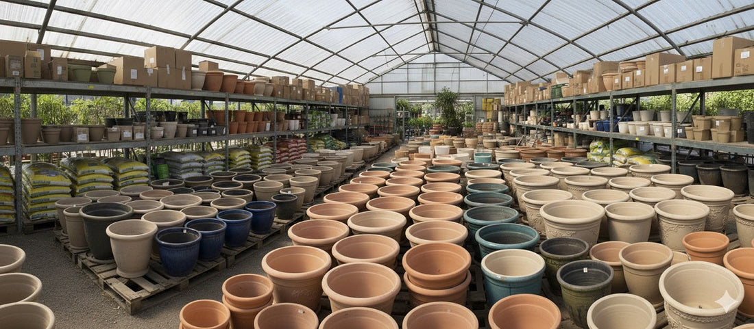 A variety of ceramic planters are neatly arranged in rows within a garden center.