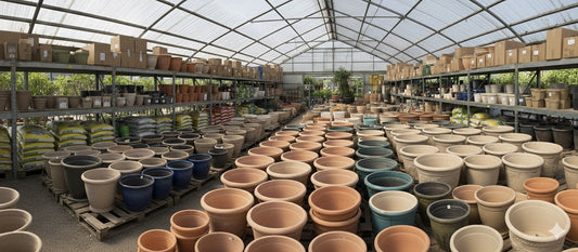 A variety of ceramic planters are neatly arranged in rows within a garden center.