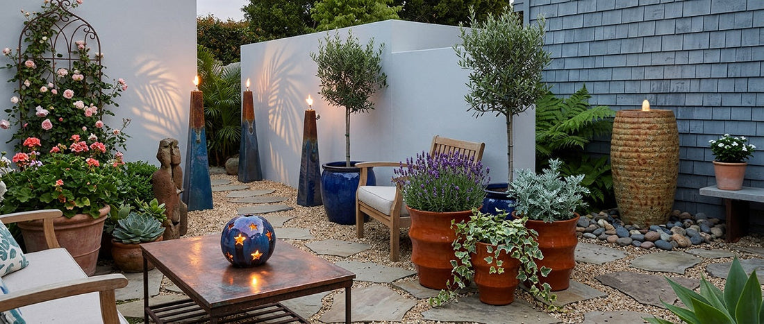stylish outdoor garden or courtyard featuring a mix of ceramic planters, furniture, lighting, and water features
