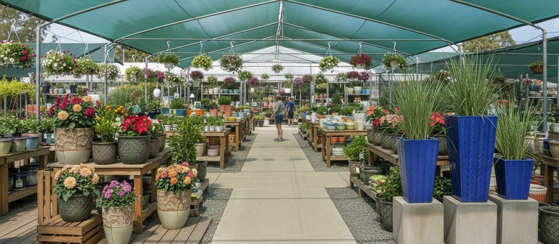 Various planters displayed on a garden center