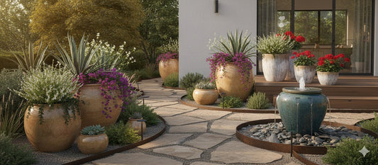 Lush garden landscaping features large ceramic planters with vibrant flowers and a serene water feature