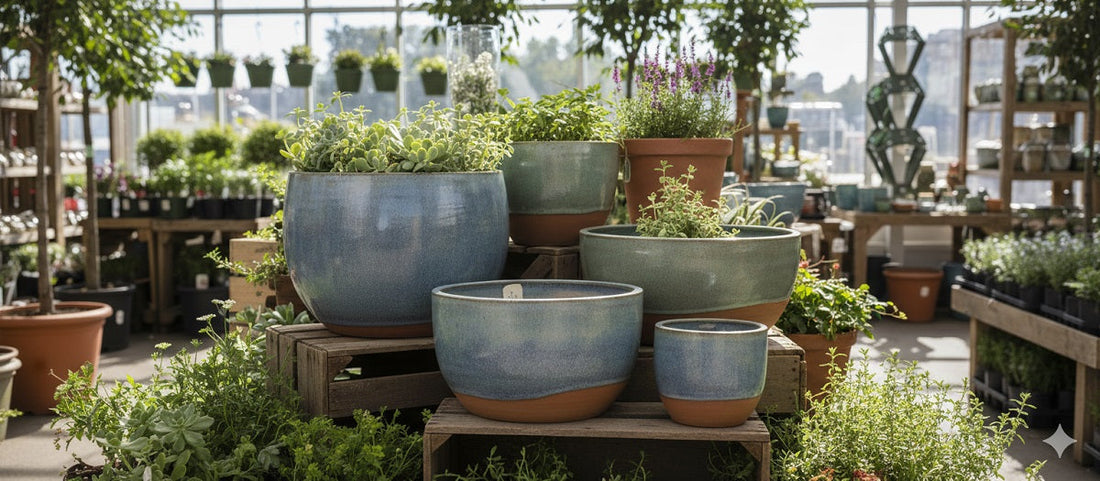 Ceramic planter set in various sizes and shades of blue and green, filled with plants, displayed in a garden store