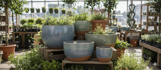 Ceramic planter set in various sizes and shades of blue and green, filled with plants, displayed in a garden store