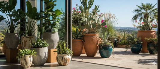 A collection of large ceramic pots filled with various green plants, some indoors by glass doors, others outdoors on a patio with a scenic view.