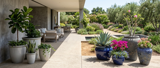Indoor-outdoor space with light and dark ceramic planters
