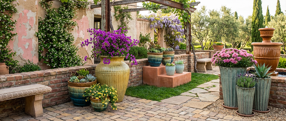 Outdoor living space with wholesale ceramic planters and matching hardscapes