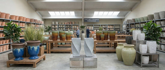 variety of wholesale ceramic planters—both modern and classic styles—arranged together in a  pottery store
