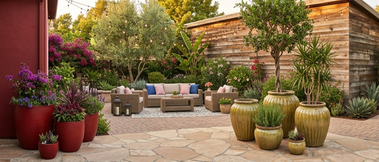 Outdoor living space styled with bold and neutral planters