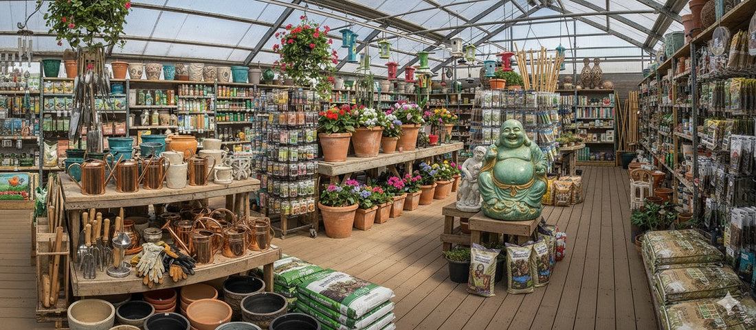A vibrant garden center bursting with colorful flowers, gardening tools, and cheerful Buddha and turtle statues.
