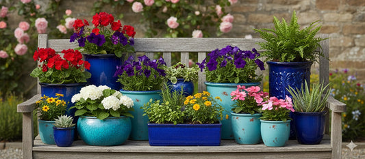 A charming collection of various plants and colorful flowers, including petunias, geraniums, and ferns, all potted in blue ceramic pots.
