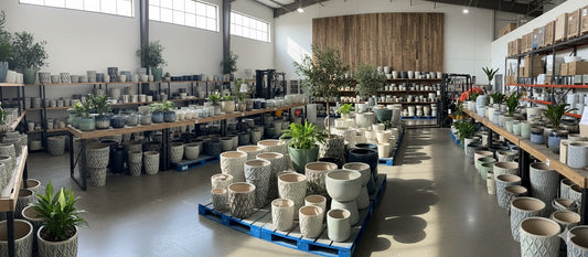 Warehouse filled with diverse ceramic planters on shelves and pallets, featuring plants and natural light.
